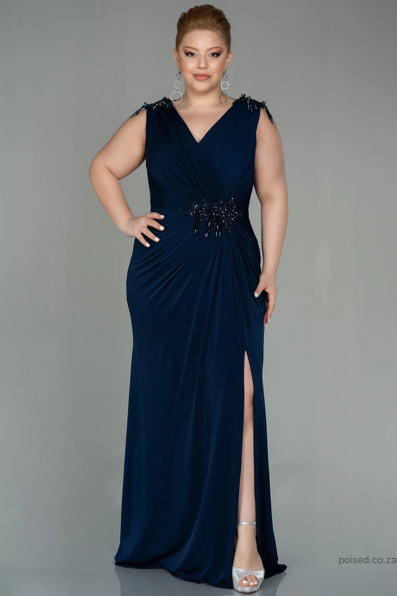 30253 Navy Blue Sleeveless Draped Slit Dress