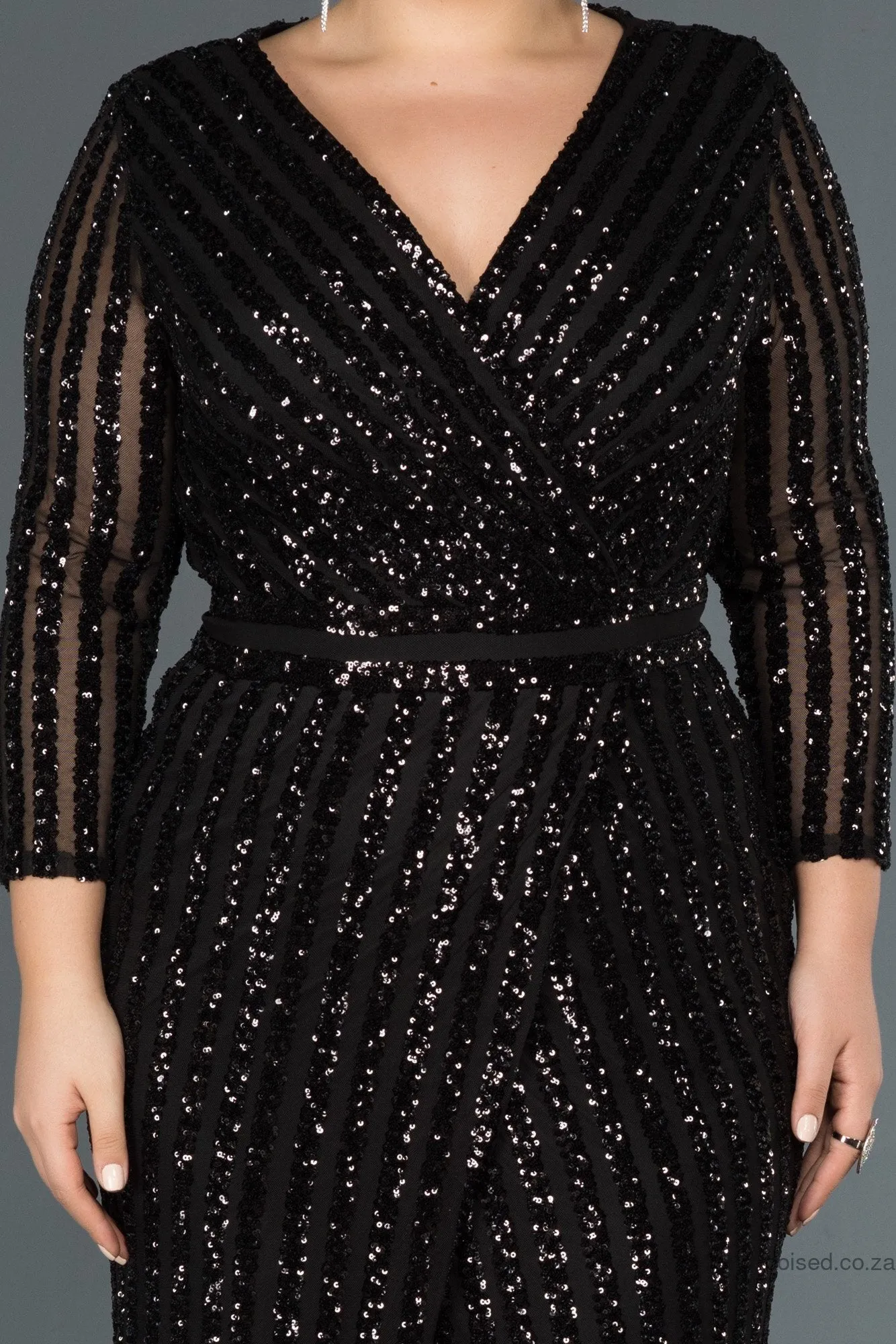 30259 Black Sequins Slit Mermaid Dress