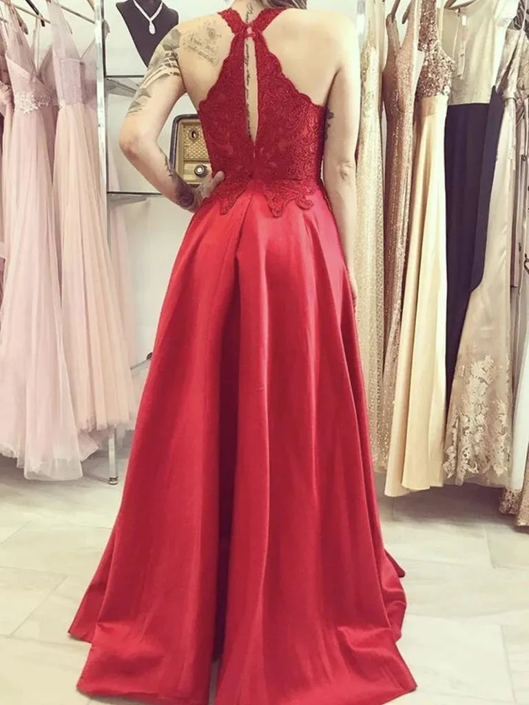 A-Line Lace Long 2024 Red Prom Dresses Sheath Halter Formal Graduation Dresses