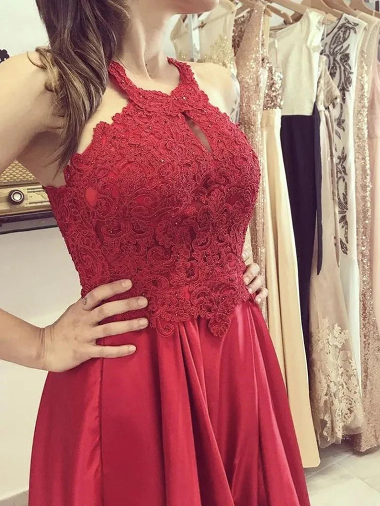 A-Line Lace Long 2024 Red Prom Dresses Sheath Halter Formal Graduation Dresses