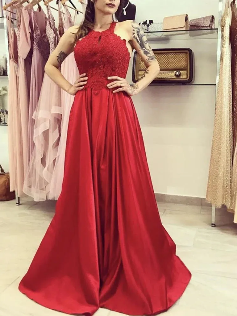 A-Line Lace Long 2024 Red Prom Dresses Sheath Halter Formal Graduation Dresses