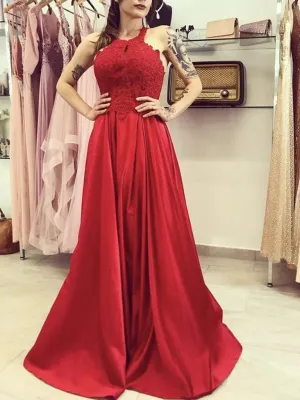 A-Line Lace Long 2024 Red Prom Dresses Sheath Halter Formal Graduation Dresses