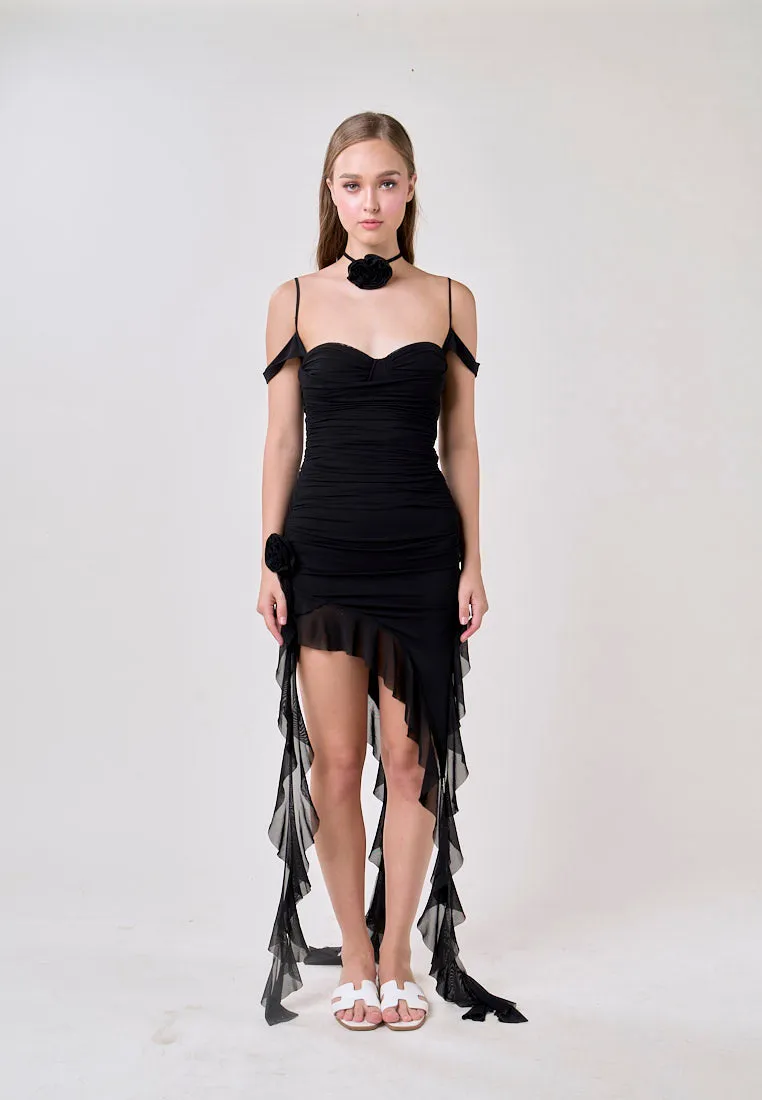 Ailany Black Sleeveless Asymmetrical Ruffled Mini Dress
