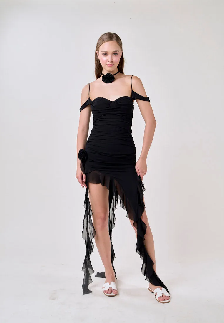Ailany Black Sleeveless Asymmetrical Ruffled Mini Dress