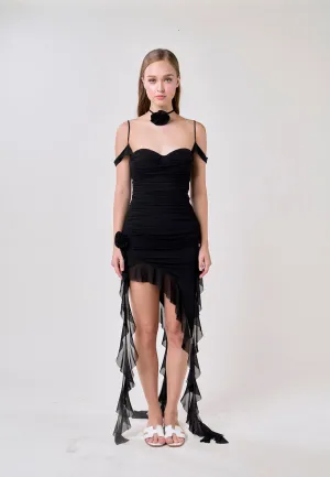 Ailany Black Sleeveless Asymmetrical Ruffled Mini Dress