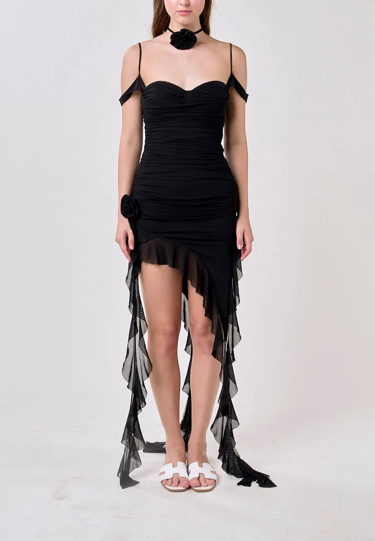 Ailany Black Sleeveless Asymmetrical Ruffled Mini Dress