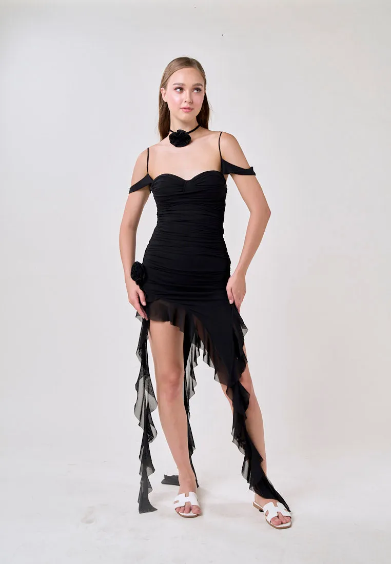 Ailany Black Sleeveless Asymmetrical Ruffled Mini Dress