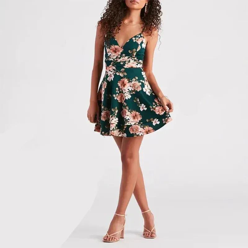 Amanie® | Green Floral Pattern Cocktail Dress