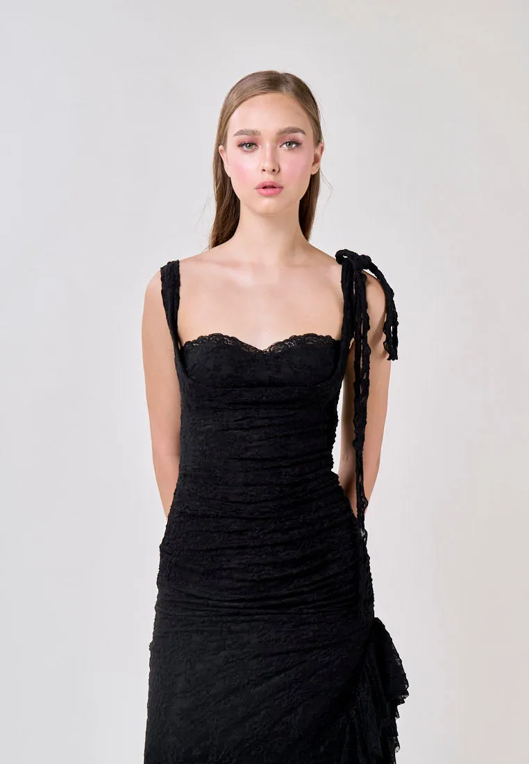 Angela Black Sleeveless Sheer Lace Ruffled Slit Midi Dress