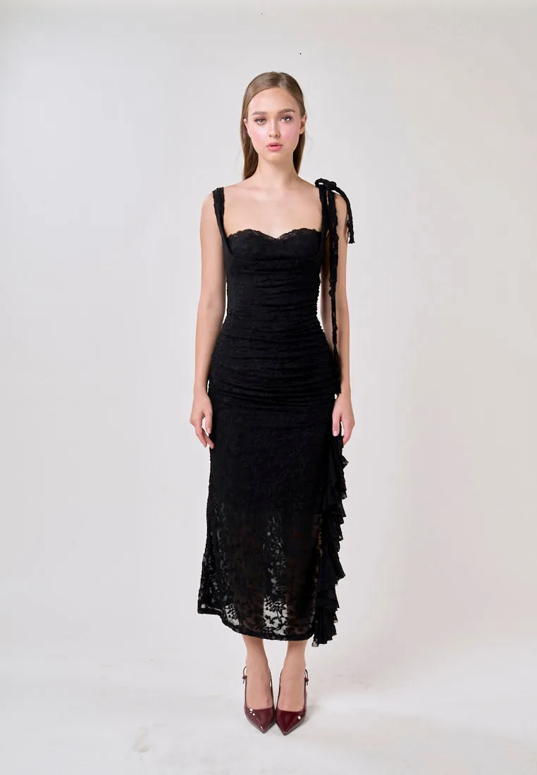 Angela Black Sleeveless Sheer Lace Ruffled Slit Midi Dress