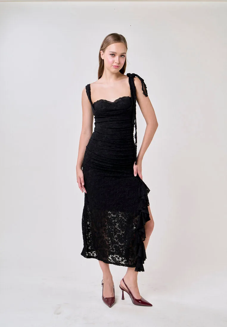 Angela Black Sleeveless Sheer Lace Ruffled Slit Midi Dress