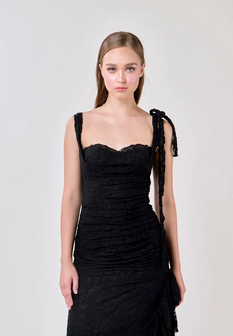 Angela Black Sleeveless Sheer Lace Ruffled Slit Midi Dress