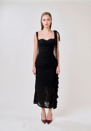 Angela Black Sleeveless Sheer Lace Ruffled Slit Midi Dress