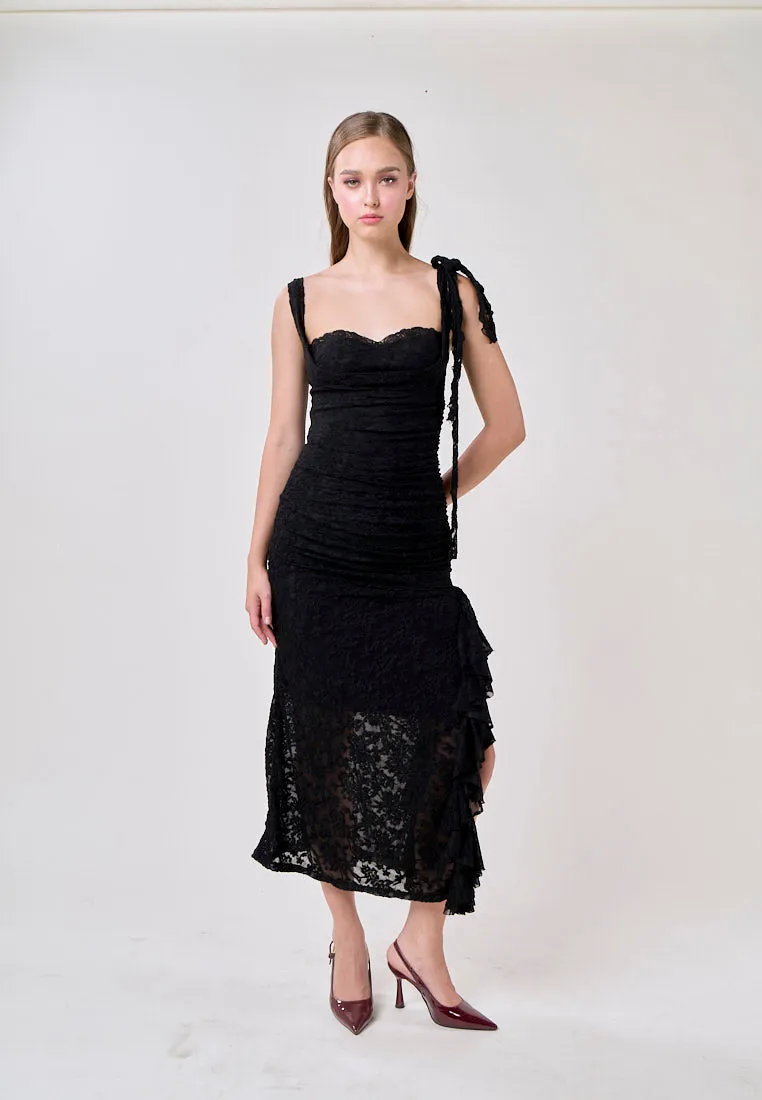 Angela Black Sleeveless Sheer Lace Ruffled Slit Midi Dress