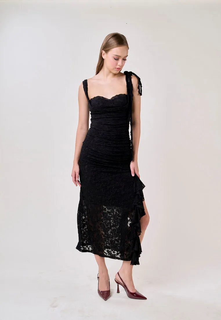 Angela Black Sleeveless Sheer Lace Ruffled Slit Midi Dress