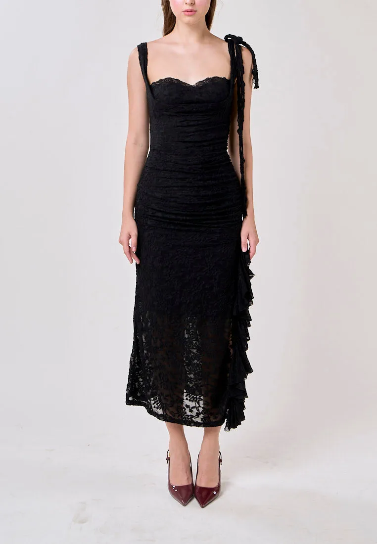 Angela Black Sleeveless Sheer Lace Ruffled Slit Midi Dress