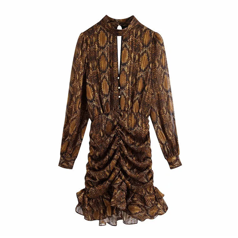 Animal Pattern Ruffled Flounces Pleated Mini Dress