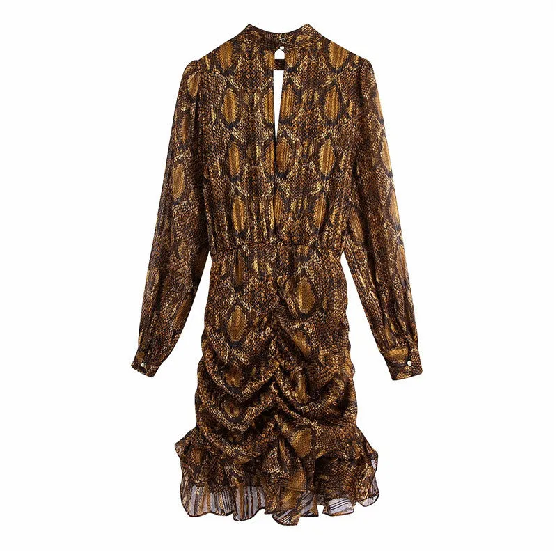 Animal Pattern Ruffled Flounces Pleated Mini Dress