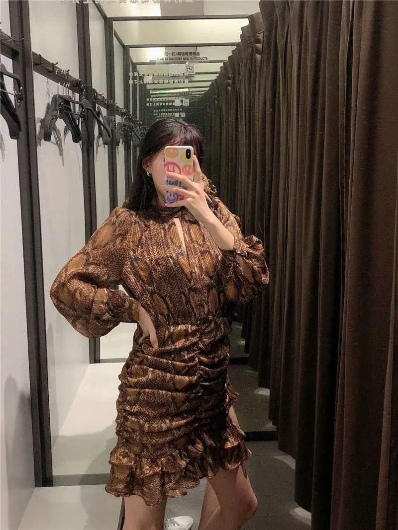 Animal Pattern Ruffled Flounces Pleated Mini Dress