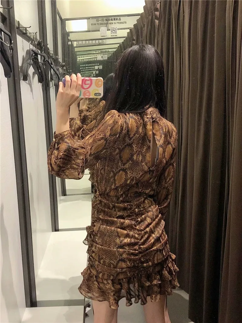 Animal Pattern Ruffled Flounces Pleated Mini Dress