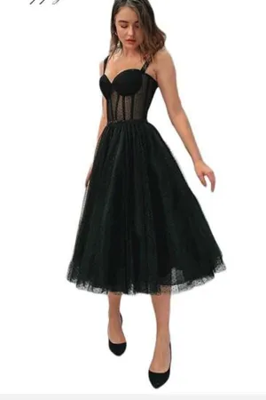 Anneprom  A-line Vintage Black Lace Cocktail Dresses Tea Length Sweetheart Neck Sleeveless Cocktail Party Formal Dress APP0423