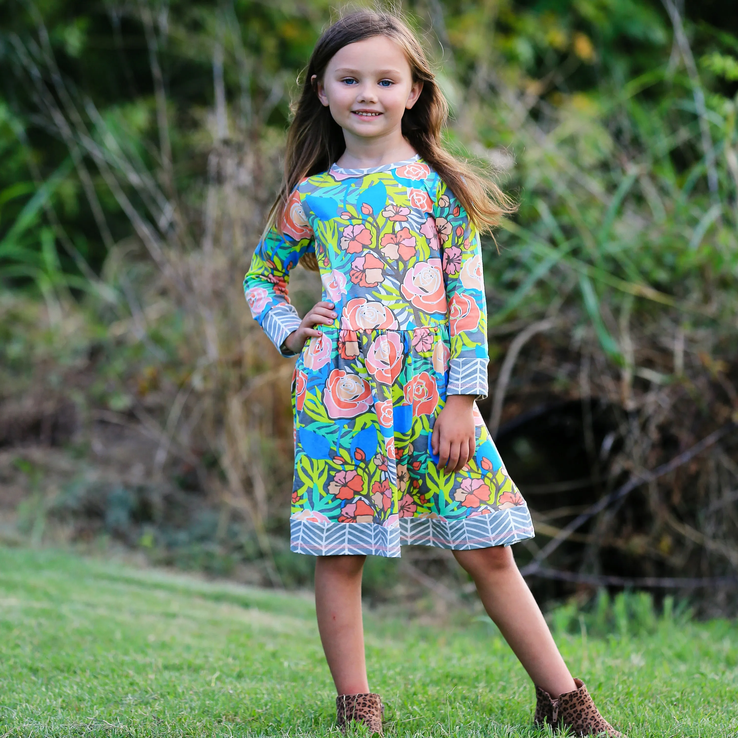 AnnLoren Baby Big Girls Boutique Floral Herringbone Soft Cotton Fall Winter Dress