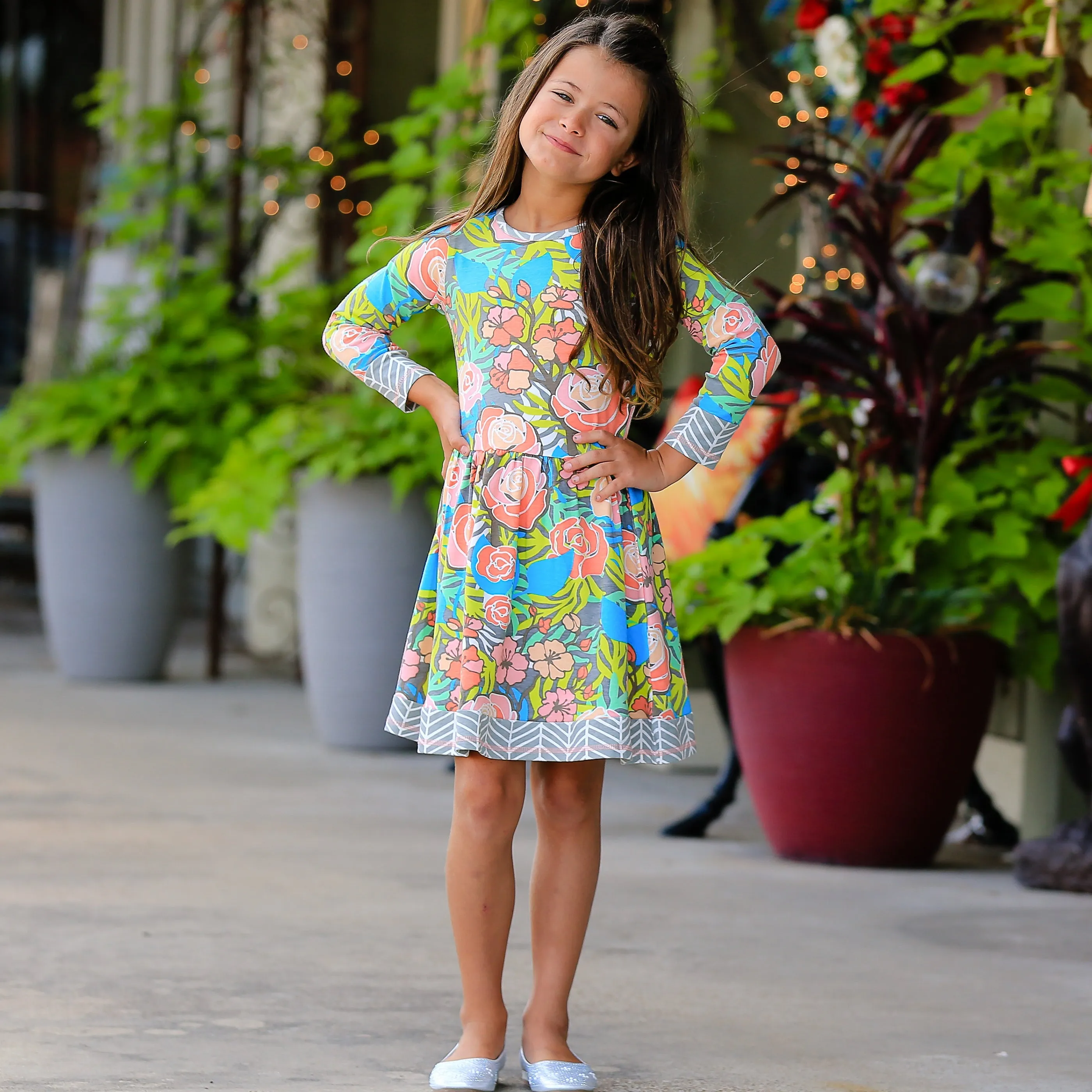 AnnLoren Baby Big Girls Boutique Floral Herringbone Soft Cotton Fall Winter Dress