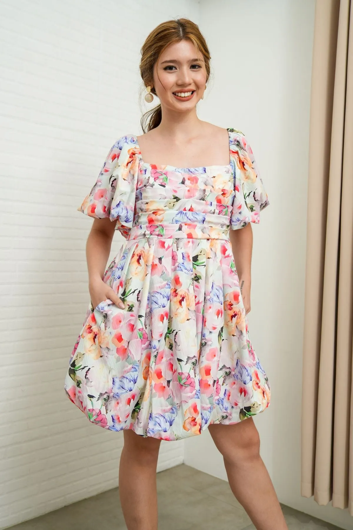 ANYA Pleated Puff-Sleeve Floral Dress (Garden)