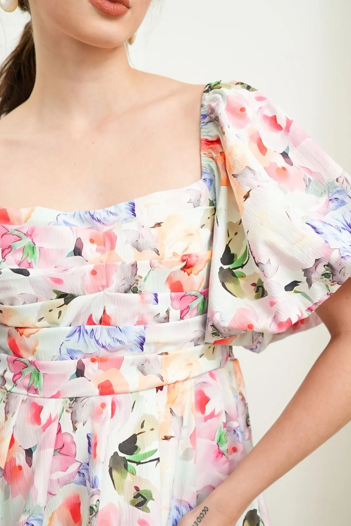 ANYA Pleated Puff-Sleeve Floral Dress (Garden)