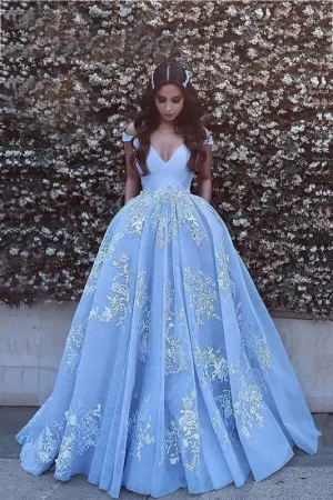 Applique Brush Train Blue Ball Gown Prom Dresses