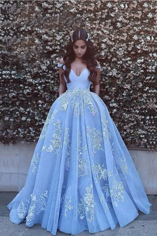 Applique Brush Train Blue Ball Gown Prom Dresses