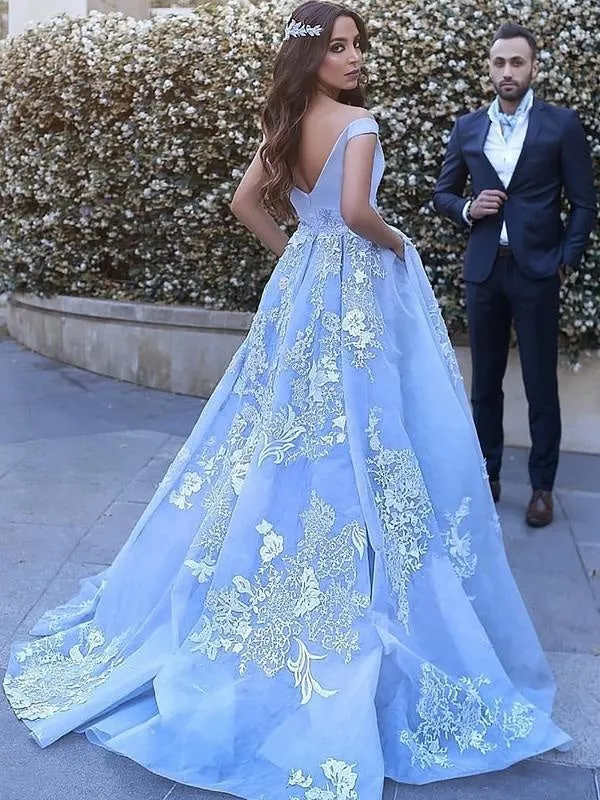 Applique Brush Train Blue Ball Gown Prom Dresses