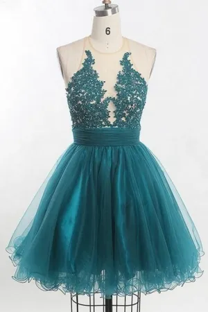 Appliques Tulle Teal Homecoming Dress with Illusion Neckline