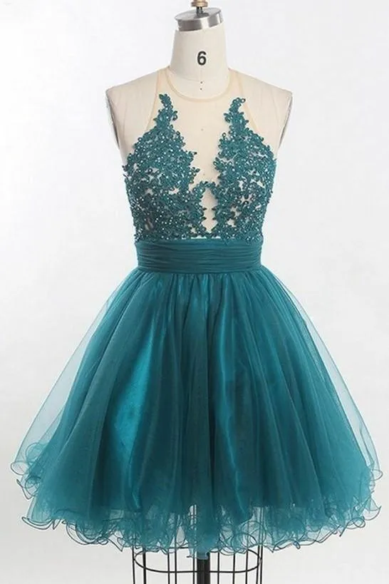 Appliques Tulle Teal Homecoming Dress with Illusion Neckline