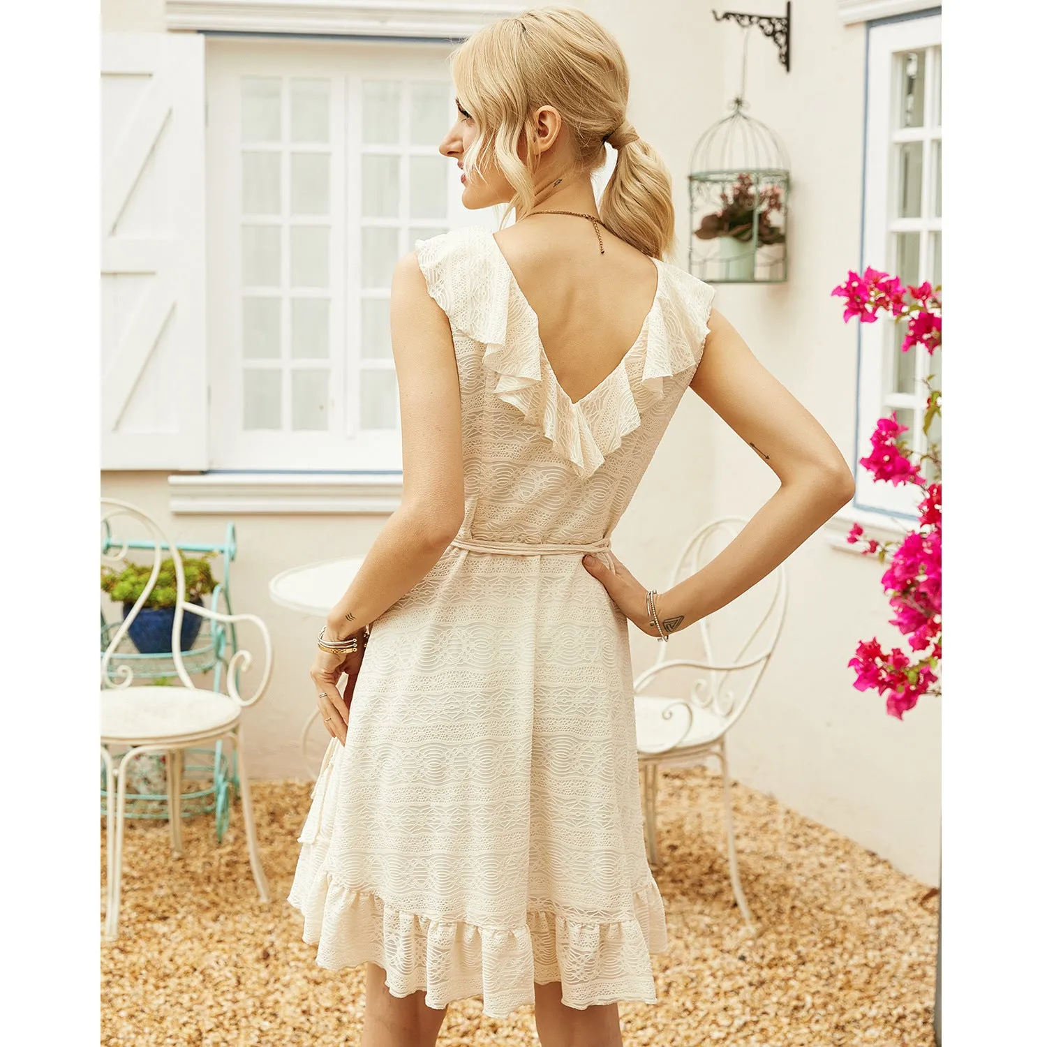 Apricot Flounces Hollow-out Backless Lace-up Mini Dress