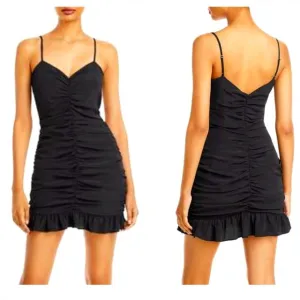 AQUA by Bloomingdales Ruched Ruffled Hem Bodycon Cami Dress in Black XS NWT