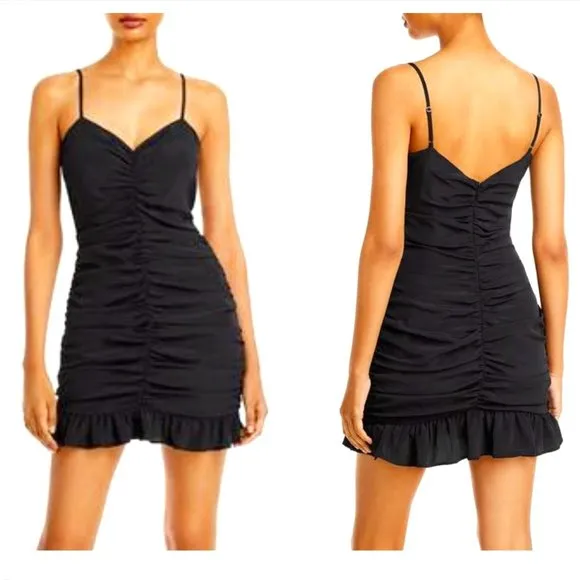 AQUA by Bloomingdales Ruched Ruffled Hem Bodycon Cami Dress in Black XS NWT