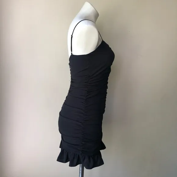 AQUA by Bloomingdales Ruched Ruffled Hem Bodycon Cami Dress in Black XS NWT