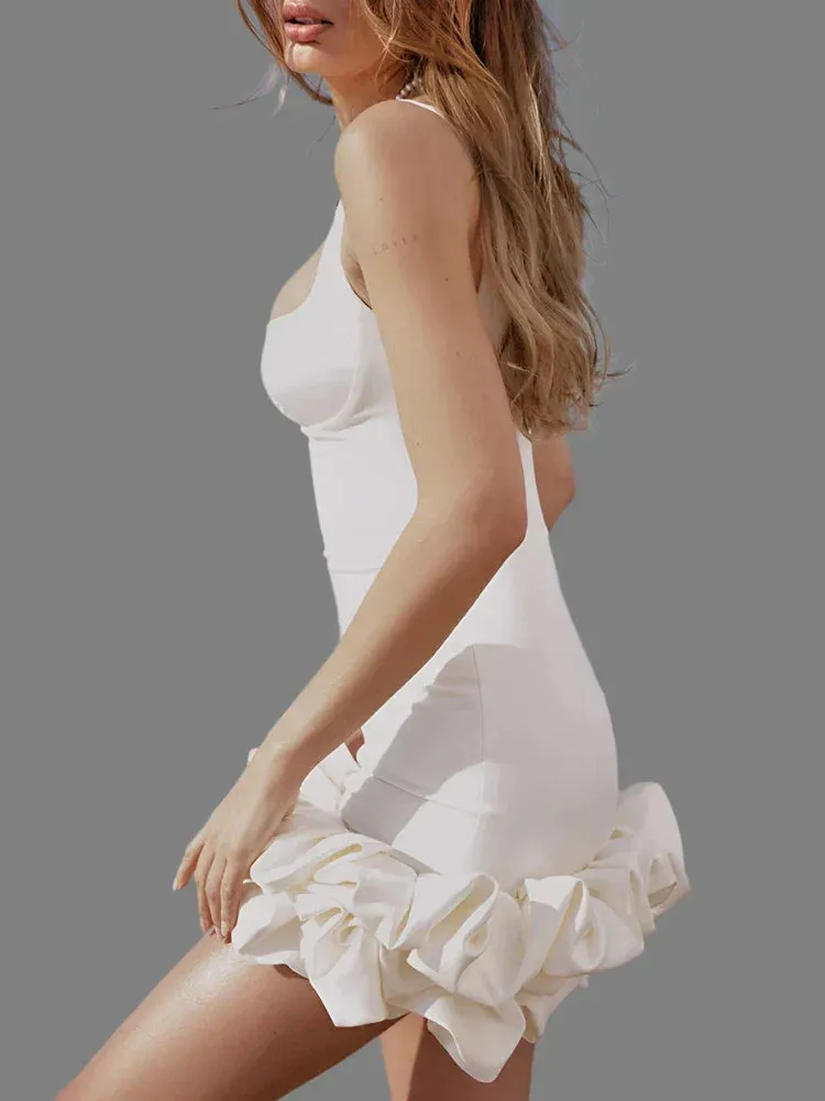 Arcane | Ruched Ivory Spandex Mini Dress With Ruffles