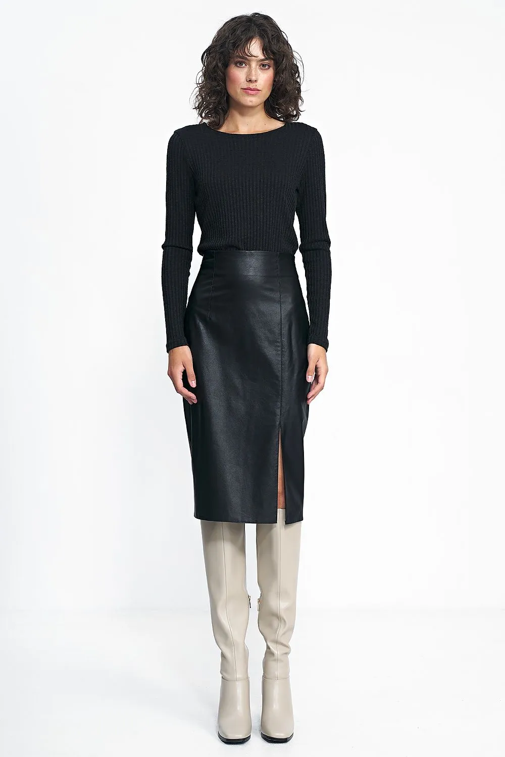 Asymmetric Slit Fitted Midi Skirt