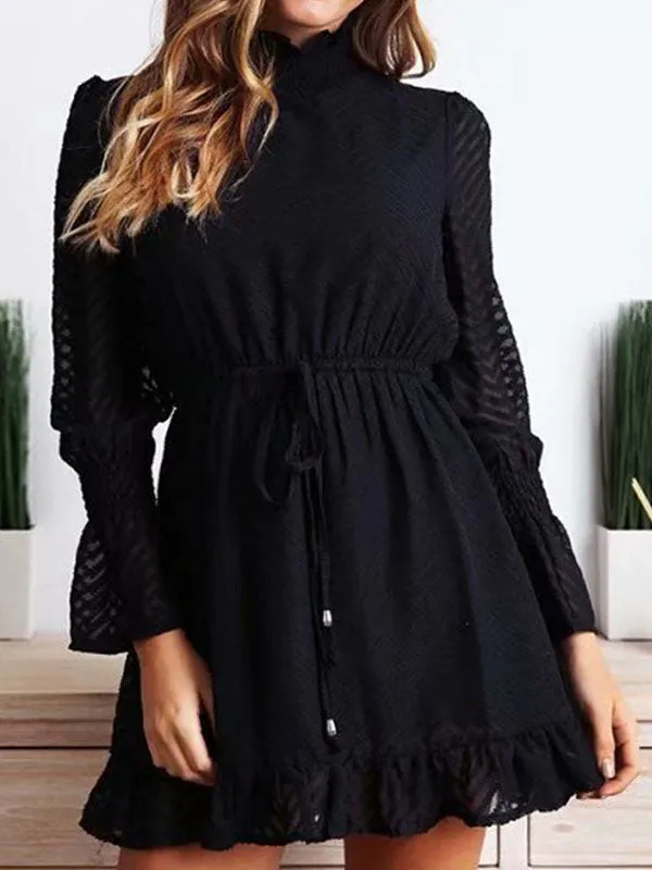 Autumn Women's Black Waist Dress Transparent Striped Speaker Long Sleeve Party Skirt