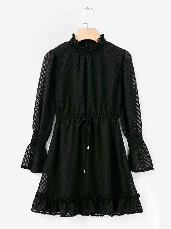 Autumn Women's Black Waist Dress Transparent Striped Speaker Long Sleeve Party Skirt