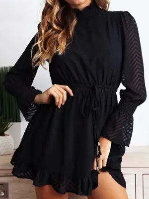 Autumn Women's Black Waist Dress Transparent Striped Speaker Long Sleeve Party Skirt