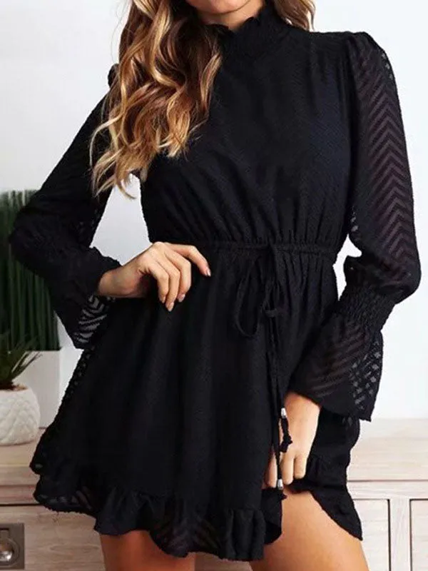 Autumn Women's Black Waist Dress Transparent Striped Speaker Long Sleeve Party Skirt