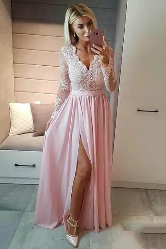 BA7496 Royal Blue V Neck Long Sleeve Prom Floor Length Split Evening Dress with Lace