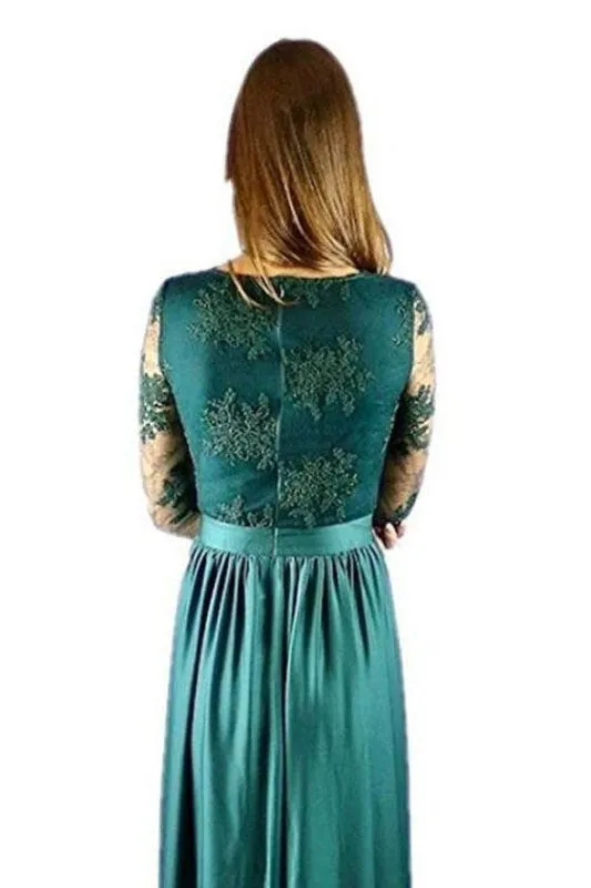 BA7496 Royal Blue V Neck Long Sleeve Prom Floor Length Split Evening Dress with Lace