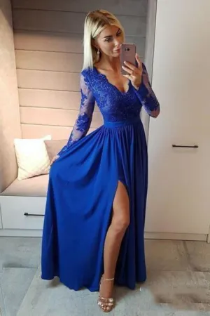 BA7496 Royal Blue V Neck Long Sleeve Prom Floor Length Split Evening Dress with Lace