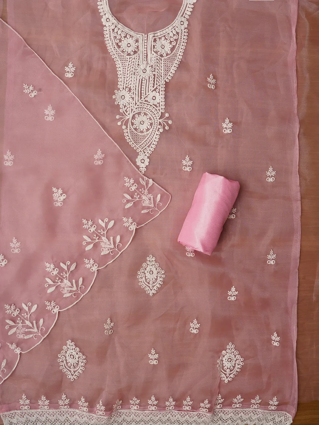 Baby Pink Embroidered Organza Dress Material with Dupatta
