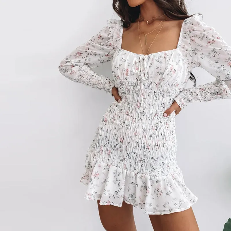 Backless Ruffle Frilly Lace-up Chiffon Mini Floral Dress