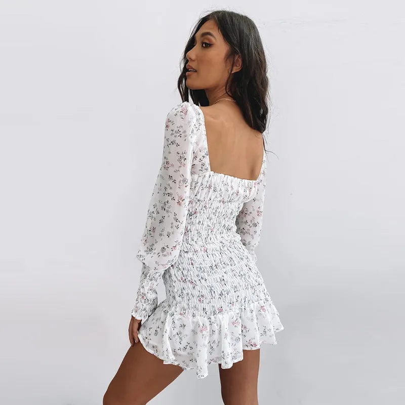 Backless Ruffle Frilly Lace-up Chiffon Mini Floral Dress